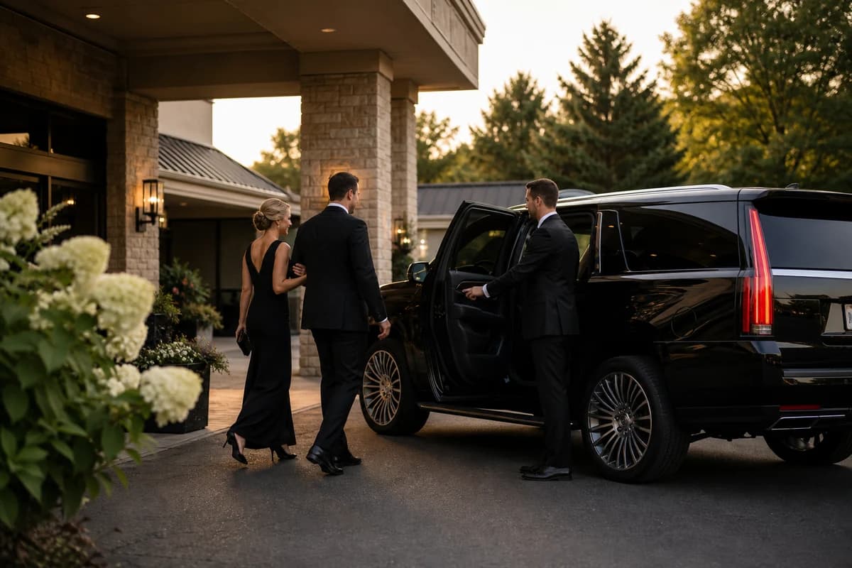 Black luxury SUV near a polished south-of-Minneapolis corporate entrance for Richfield car service
