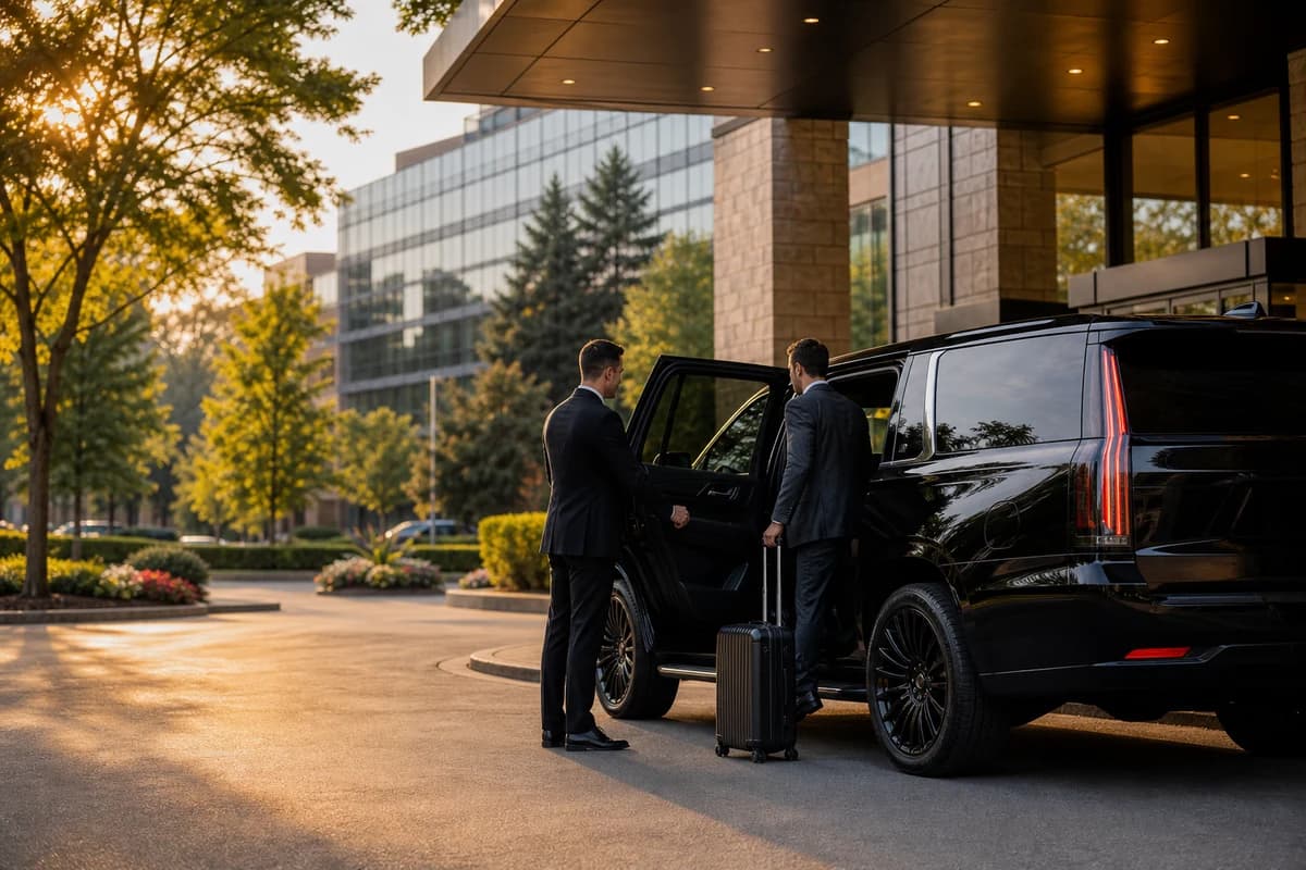 Black luxury SUV at a settled northwest metro entrance for Crystal car service and airport transfers